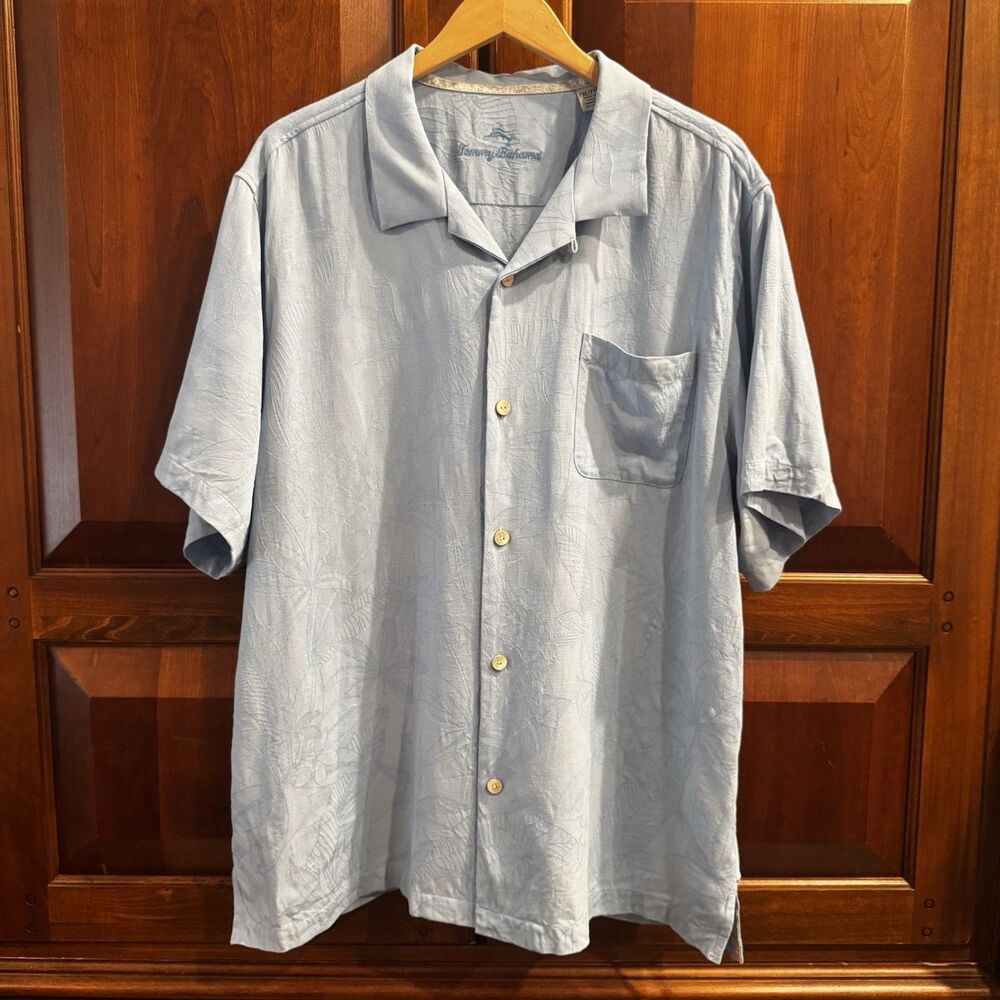 Tommy Bahama Men’s Blue 100% Silk Hawaiian Camp Shirt Floral Jacquard XXL - Picture 2 of 15